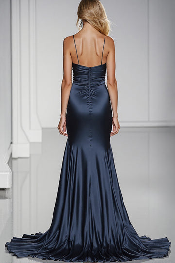 Mermaid Dark Blue Satin Formal Dress with Slit